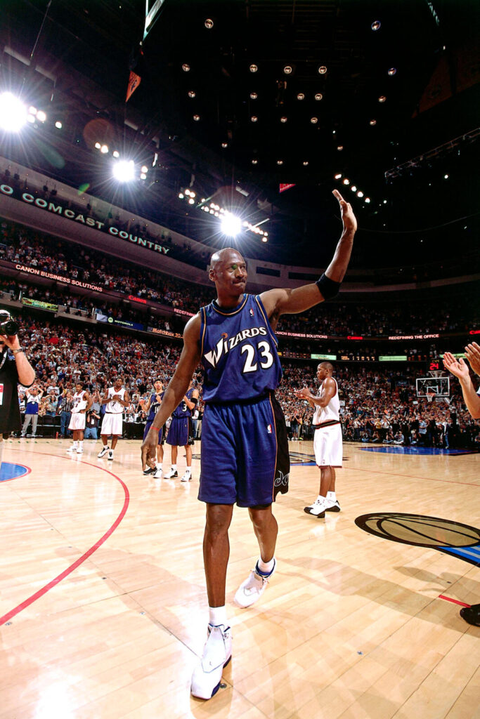 Michael Jordan waved farewell after playing his final NBA game in April 2003, when he was a member of the Washington Wizards.