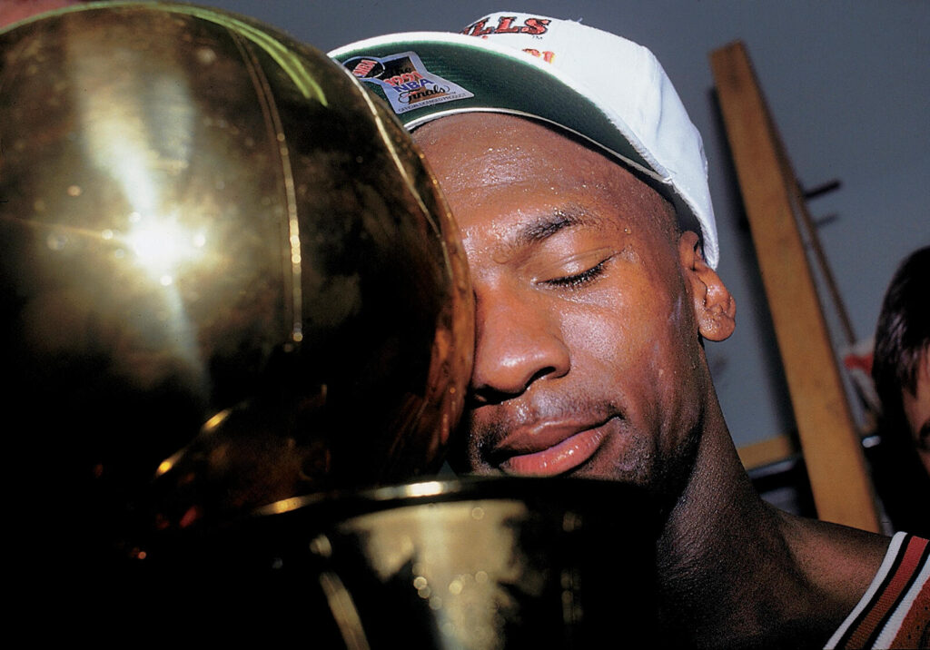 Michael Jordan celebrated winning his first NBA title in 1991.